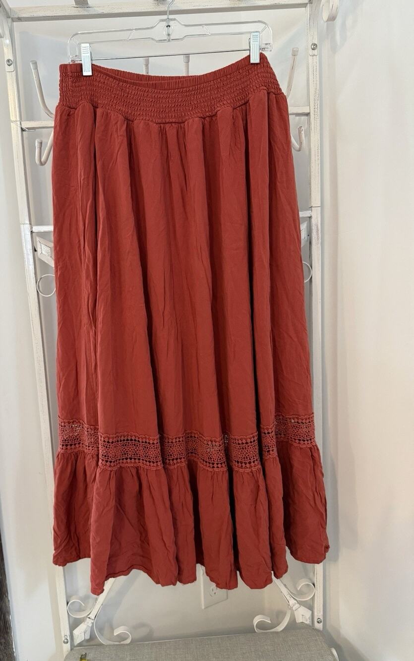 Torrid Maxi Washable rayon Drawstring Skirt red orange boho gypsy sz 2